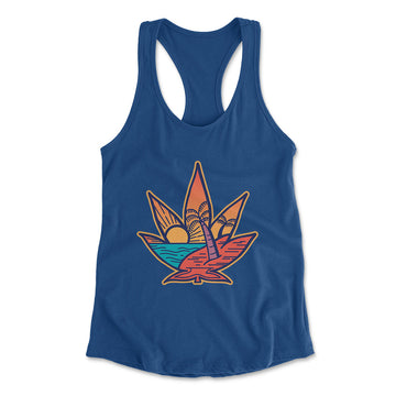 Cannabis Leaf Beach Womens Racerback Tank in Royal color